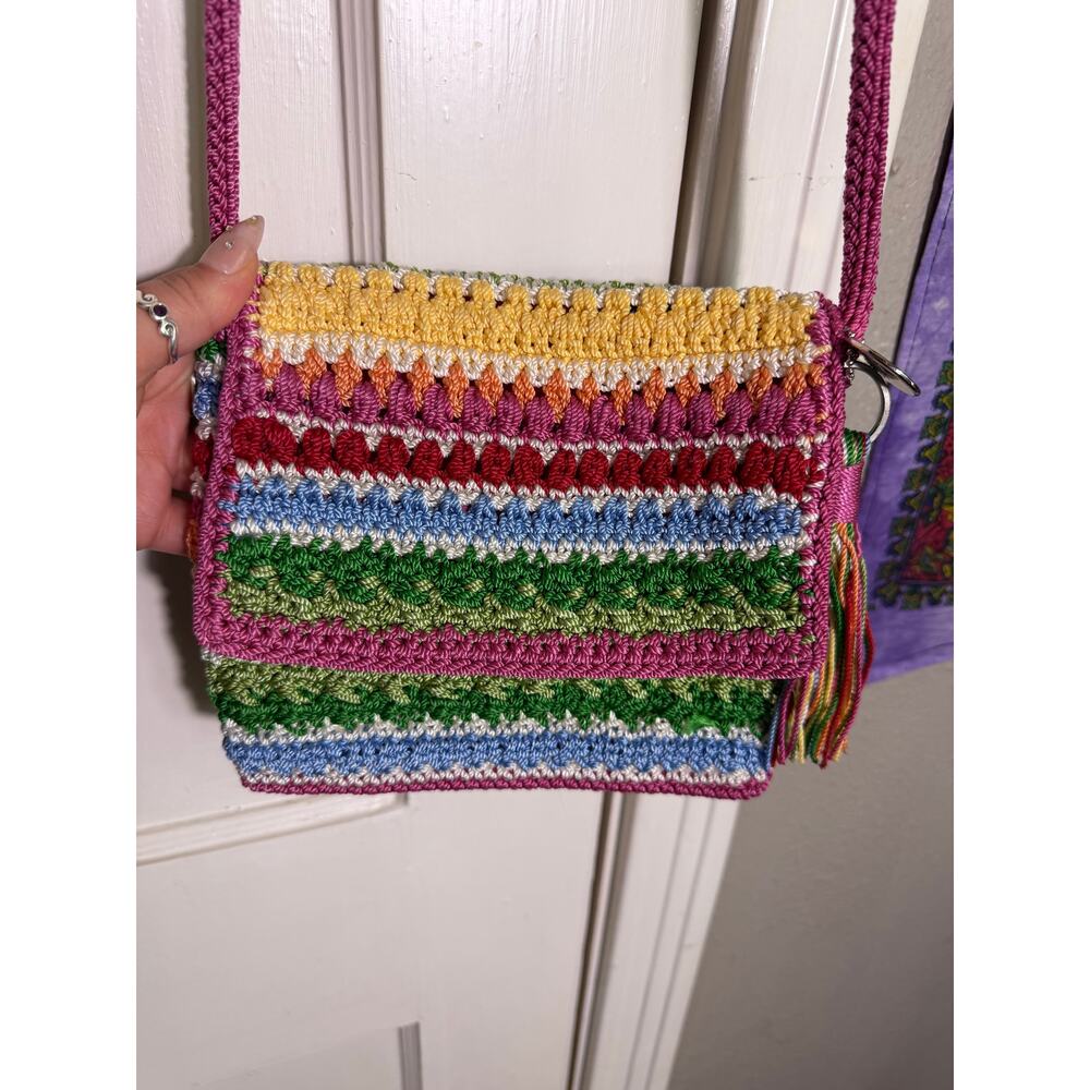 The Sak Crochet Crossbody Bag Multicolor Striped Boho Pink Tassel Small Purse - Picture 2 of 7